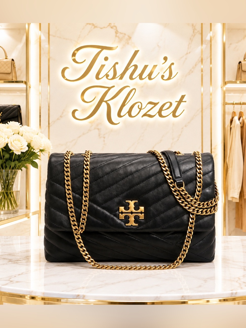 Tory Burch Kira Chevron Convertible Shoulder Bag Quilted Leather Gold Chain
